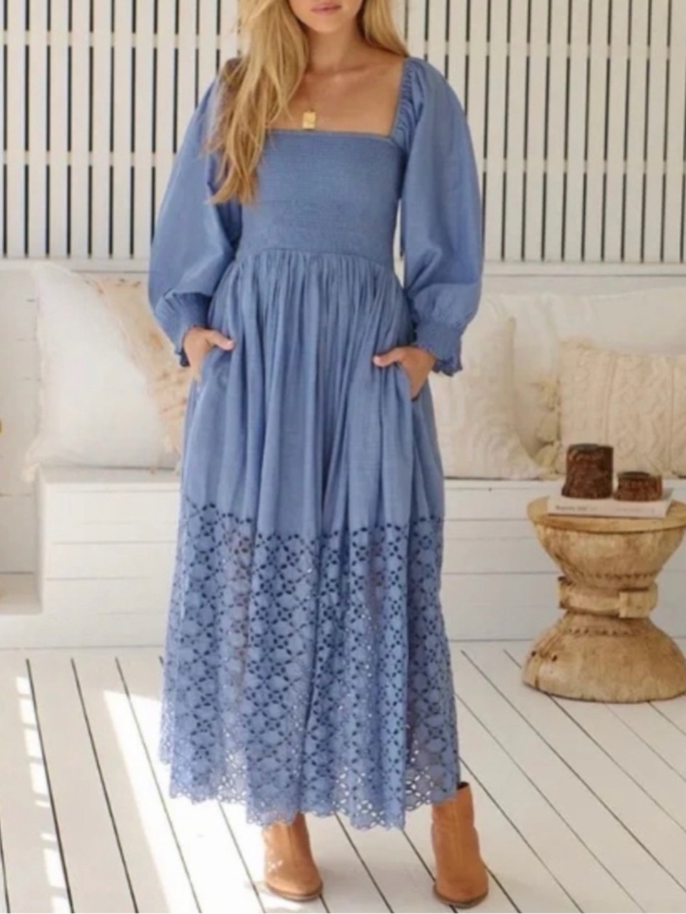 Free People perfect storm size S Blue Smocked Maxi Dress with Eyelet Hem - Picture 4 of 12